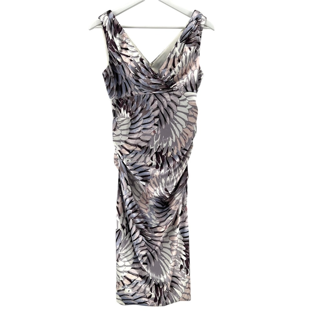 London Times Sheath Dress Womens 6 Grey Purple Ruched V-Neck Abstract Party NEW